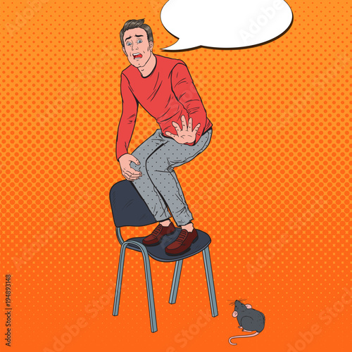 Pop Art Screaming Man Scared by the Mice. Guy Afraid of Rat. Vector illustration