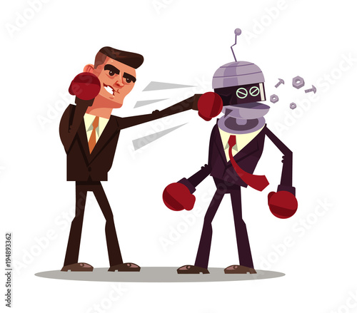Man character win robot. Vector flat cartoon illustration