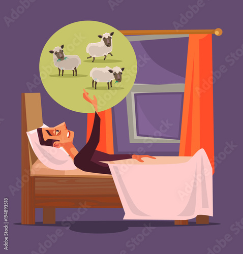 Man character can not sleep and count sheep. Insomnia concept. Vector flat cartoon illustration