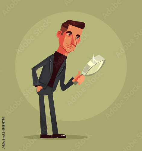 Man office worker character exploring with magnifier. Vector flat cartoon illustration
