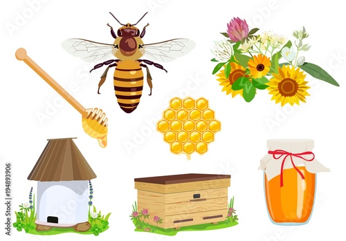 Design and products of beekeeping. Honey. Useful insects. Vector illustration
