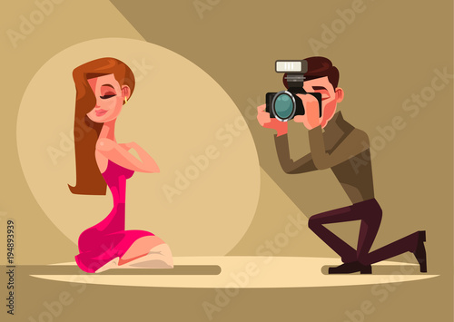 Photographer man character takes photo of model woman. Vector flat cartoon illustration
