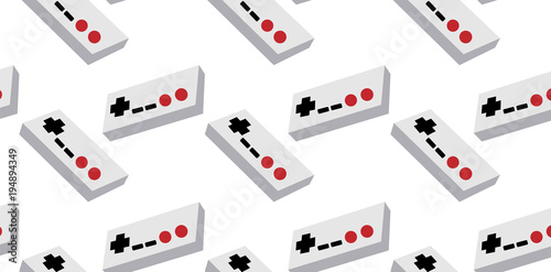 A pattern of gray and white old retro vintage hipster joysticks, manipulators, consoles from the 80's, 90's for a game console for video games on a white background. Vector seamless illustration
