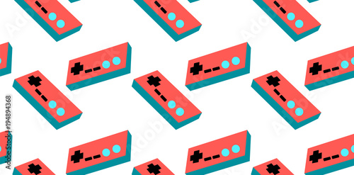 A pattern of red and blue old retro vintage hipster joysticks, manipulators, consoles from the 80's, 90's for a game console for video games on a white background. Vector seamless illustration