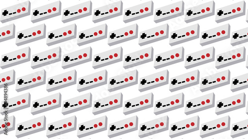 A pattern of gray old retro vintage hipster joysticks, manipulators, consoles from the 80's, 90's for a game console for video games on a white background. Vector seamless illustration