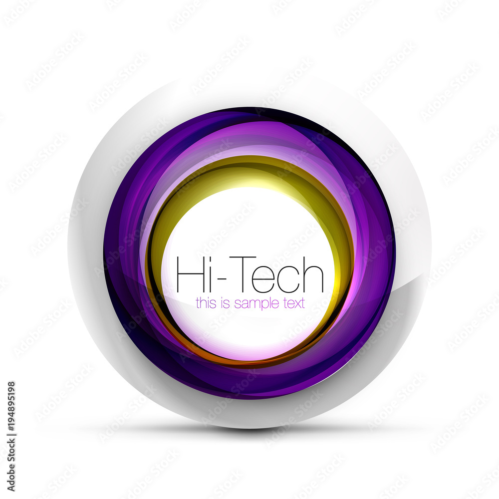 Digital techno sphere web banner, button or icon with text. Glossy swirl color abstract circle design, hi-tech futuristic symbol with color rings and grey metallic element
