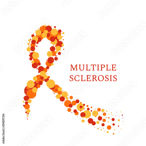 Multiple sclerosis ribbon awareness poster with an orange bow made of dots on white background. Central nervous system disease. Medical concept. Vector illustration.