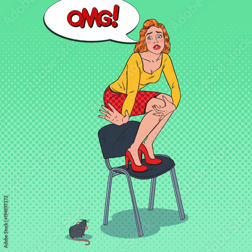 Pop Art Worried Young Woman Scared by the Mouse. Female Phobia of Rodent. Vector illustration