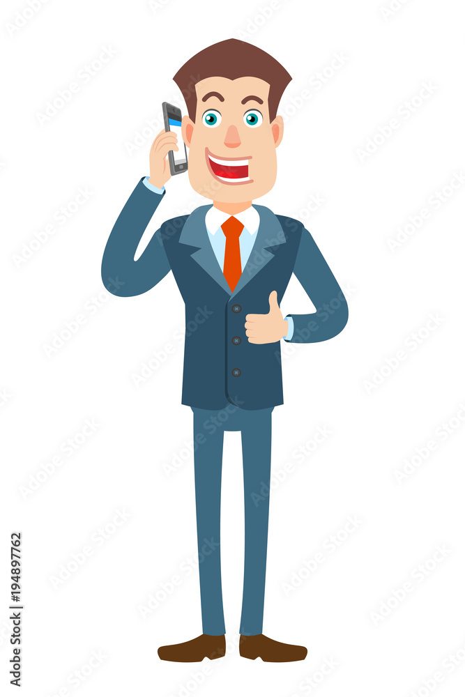 Businessman talking on mobile phone and showing thumb up Businessman talking on mobile phone and showing thumb up