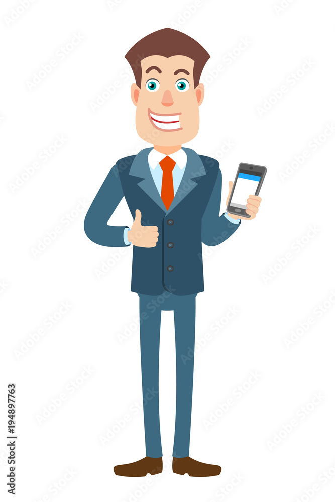 Businessman holding mobile phone and showing thumb up Businessman holding mobile phone and showing thumb up
