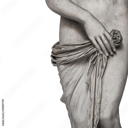 Marble body lines of young naked Roman woman at white background