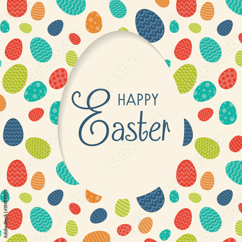 Happy Easter - card with wishes and colorful easter eggs. Vector.