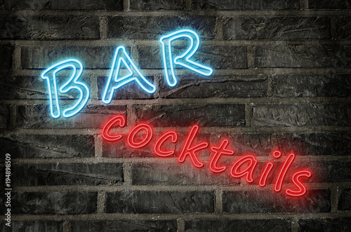 illustration of a cocktail bar neon sign glowing in blue and red colors