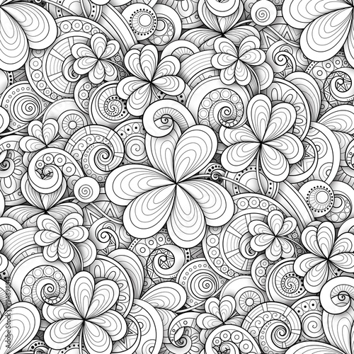 Monochrome Doodle St Patrick's Day Seamless Pattern. Decorative Clover Leaf Talisman, Abstract Coins and Swirl. Elegant Natural Background. Coloring Book Page. Vector 3d Ornate Illustration