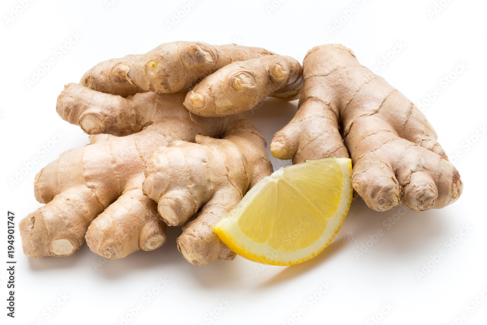 Ginger bio and lemon on white background.
