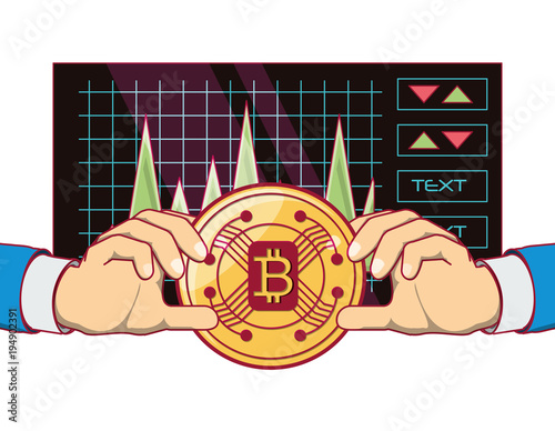 hands with bitcoin coin over stock cryptocurrencymarket  index and white background, colorful design vector illustration photo