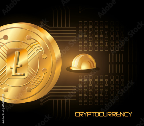 litecoin coin and golden helmet icon over black background, colorful design vector illustration