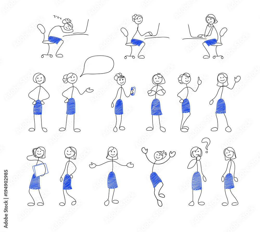 Collection of stick figures. Set of doodle style women in office. Vector illustration Collection of stick figures. Set of doodle style women in office. Vector illustration