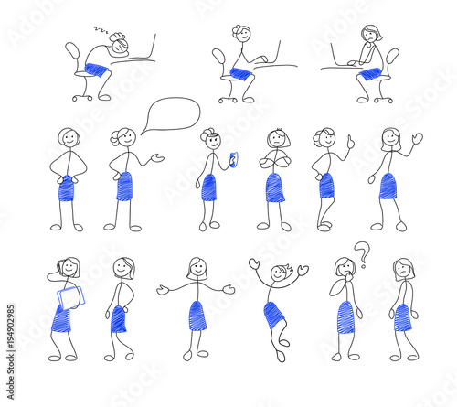 Collection of stick figures. Set of doodle style women in office. Vector illustration