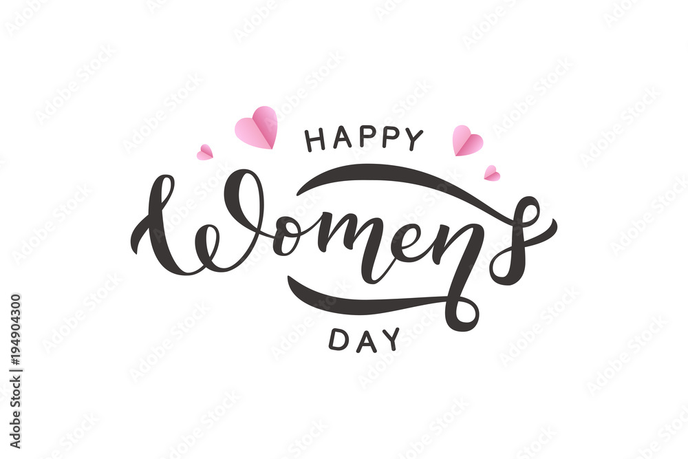 Vector realistic isolated lettering for Women's Day with pink origami hearts for decoration and covering on the white background. Concept of Happy Women's Day.