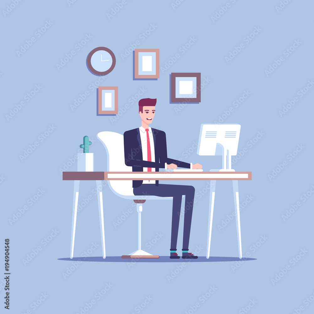 Smiling young businessman or male clerk sitting at the office desk and working at the computer and looking at screen flat vector illustration. Pleasant and comfortable workplace Smiling young businessman or male clerk sitting at the office desk and working at the computer and looking at screen flat vector illustration. Pleasant and comfortable workplace
