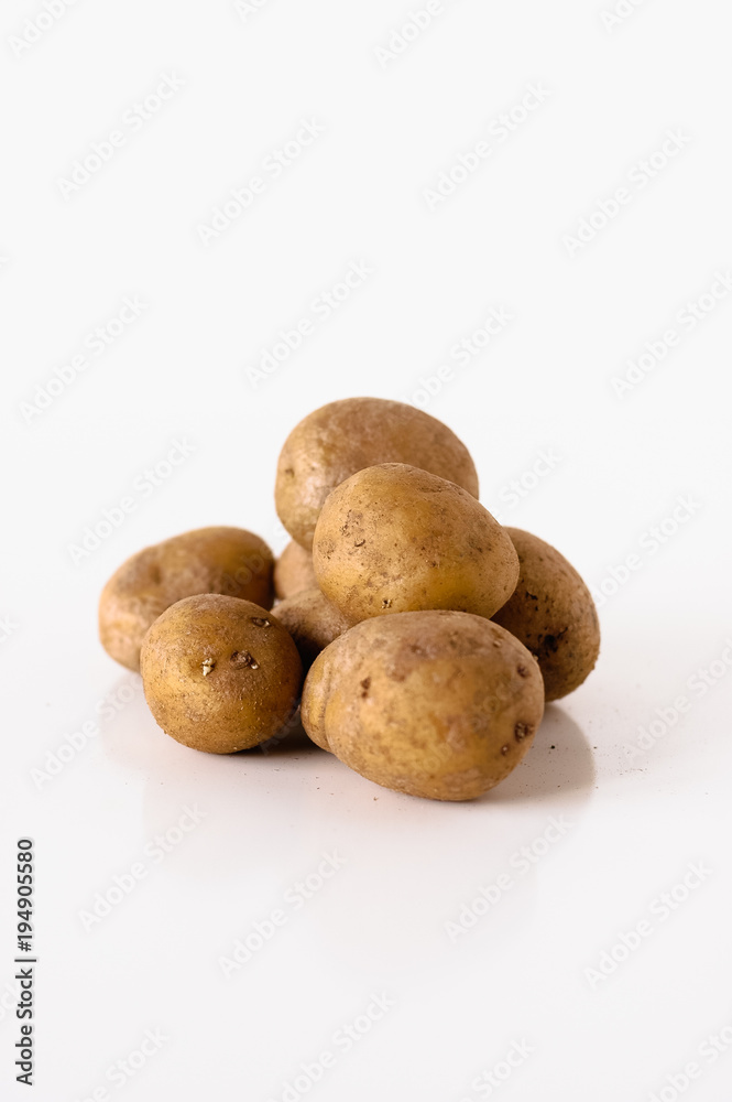 Small pile of uncooked, unpeeled and dirty medium-sized Yukon Gold potatoes or taters on white background Small pile of uncooked, unpeeled and dirty medium-sized Yukon Gold potatoes or taters on white background