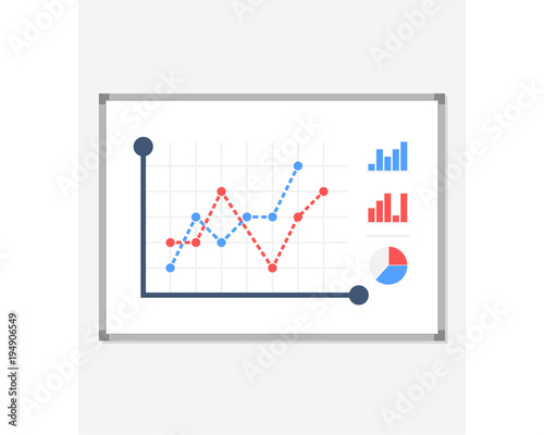 Business presentation icon. Board with a growing chart, a diagram. White board isolated on background. Vector illustration of a flat design. The report screen with business strategies of market data