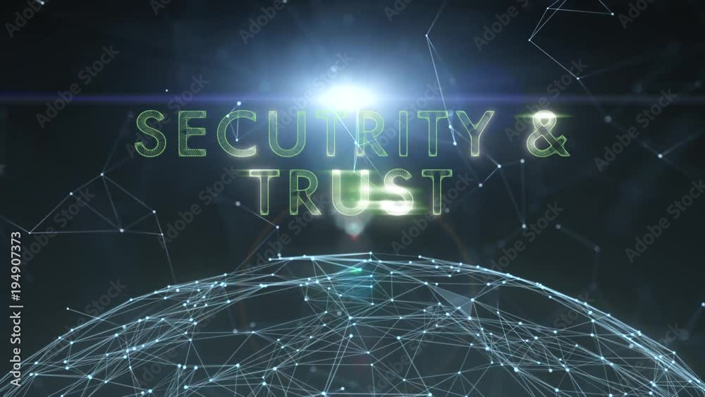 Security and trust word motion on abstract blue network animation background.