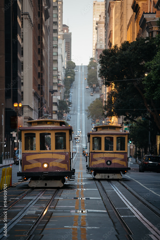 San Francisco Cable Cars on California Street at sunset, California, USA