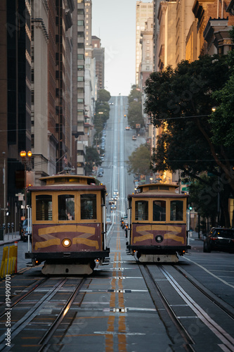 San Francisco Cable Cars on California Street at sunset, California, USA