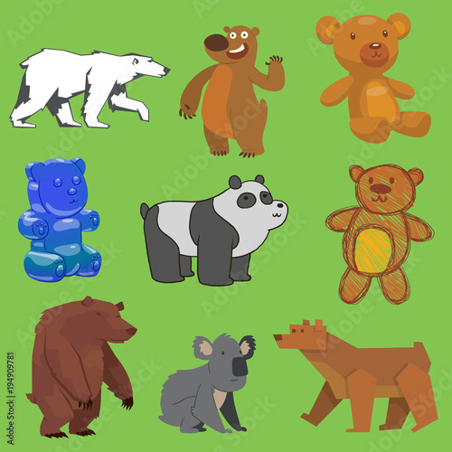 vector bear set wild animal different style flat  handdraw  cartoon wild angry brown  grizzly  cute panda and polar bear cartoon character teddy and jelly illustration isolated on background