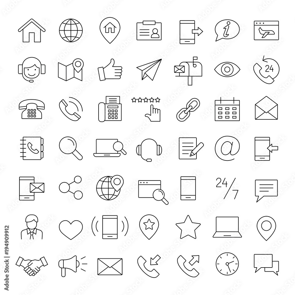 contact us. online support. social media line vector black icons set. contact us. online support. social media line vector black icons set.