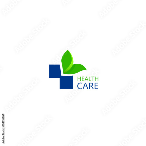 Logo cross and leaves. Logo for the clinic, pharmaceutical company. Logo of the family doctor, first aid. Medical office. Vector, isolated on white background