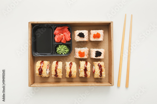 Top view set of sushi maki and rolls isolated
