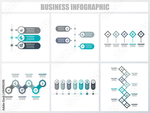 Abstract infographics number options template 3, 4, 5, 6, 7, 8. Vector illustration. Can be used for workflow layout, diagram, strategy business step options, banner and web design set.