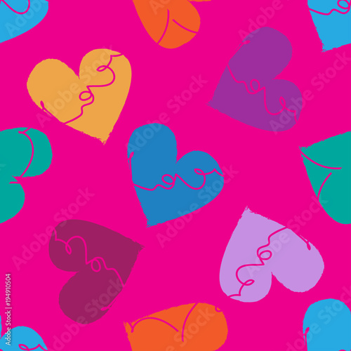 Abstract seamless heart pattern. Vector, minimalist colorful hearts on vivid pink background. Handwritten continuous line love word