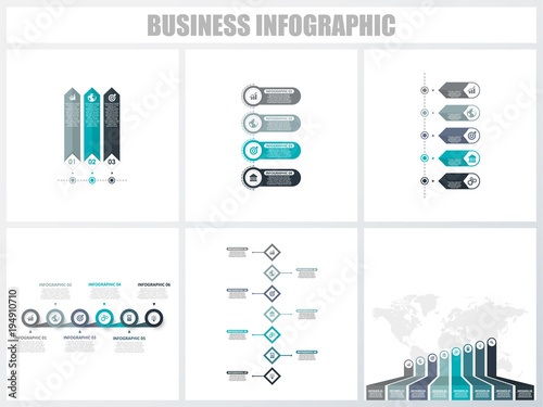 Abstract infographics number options template 3, 4, 5, 6, 7, 8. Vector illustration. Can be used for workflow layout, diagram, strategy business step options, banner and web design set.