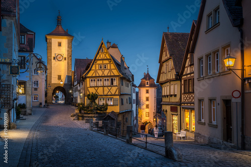 Historic town of Rothenburg ob der Tauber in twilight  Bavaria  Germany