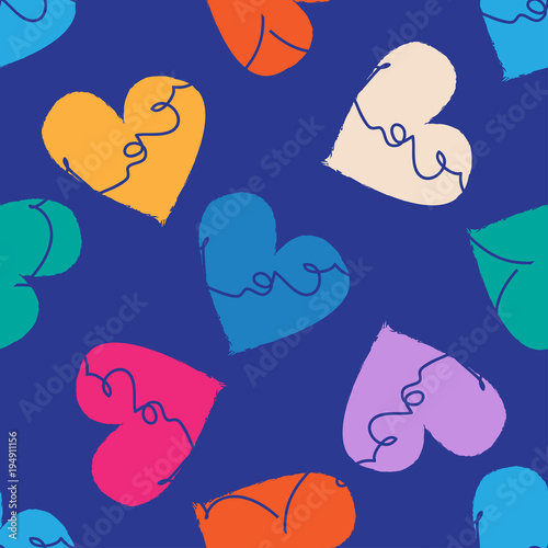 Abstract seamless heart pattern. Vector, minimalist colorful hearts on blue background. Handwritten continuous line love word

