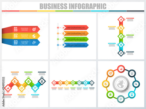 Abstract infographics number options template 3, 4, 5, 6, 7, 8. Vector illustration. Can be used for workflow layout, diagram, strategy business step options, banner and web design set.