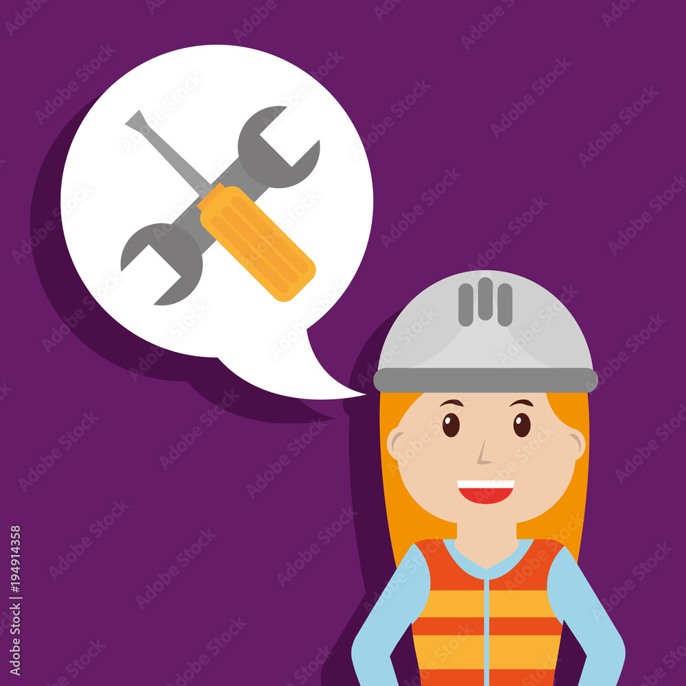 builder female worker wrench and screwdriver in bubble chat vector illustration builder female worker wrench and screwdriver in bubble chat vector illustration