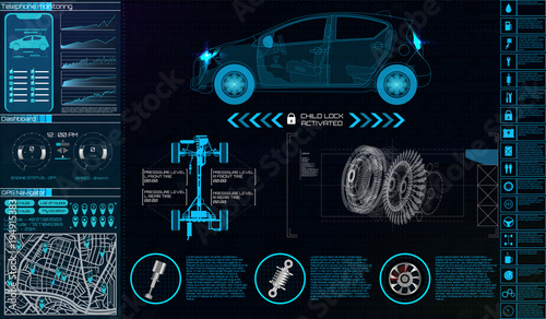 Futuristic user interface. Car service in the style of HUD. Virtual graphical interface Ui HUD Autoscanning, analysis and diagnostics, Abstract vector science. Car auto service infographics.repair