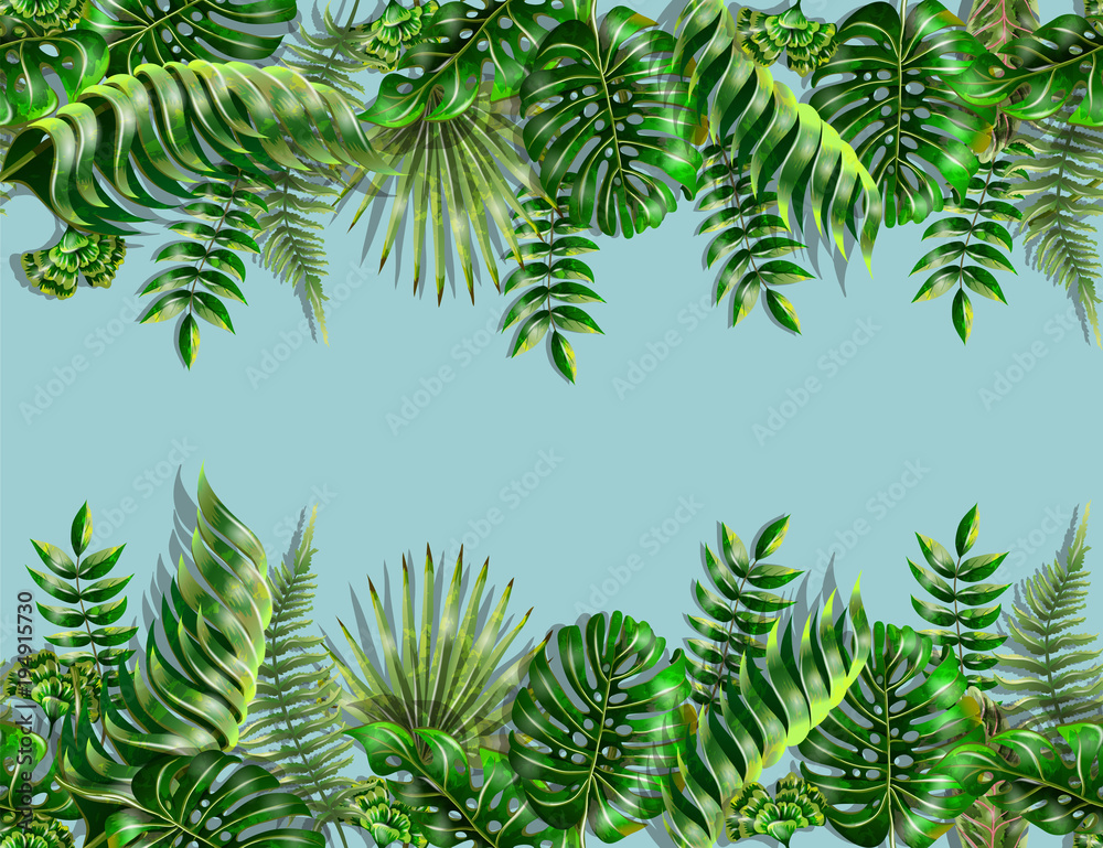 Border and corner with tropical leaves. Monstera, fern and palm leaves border seamless on blue background.