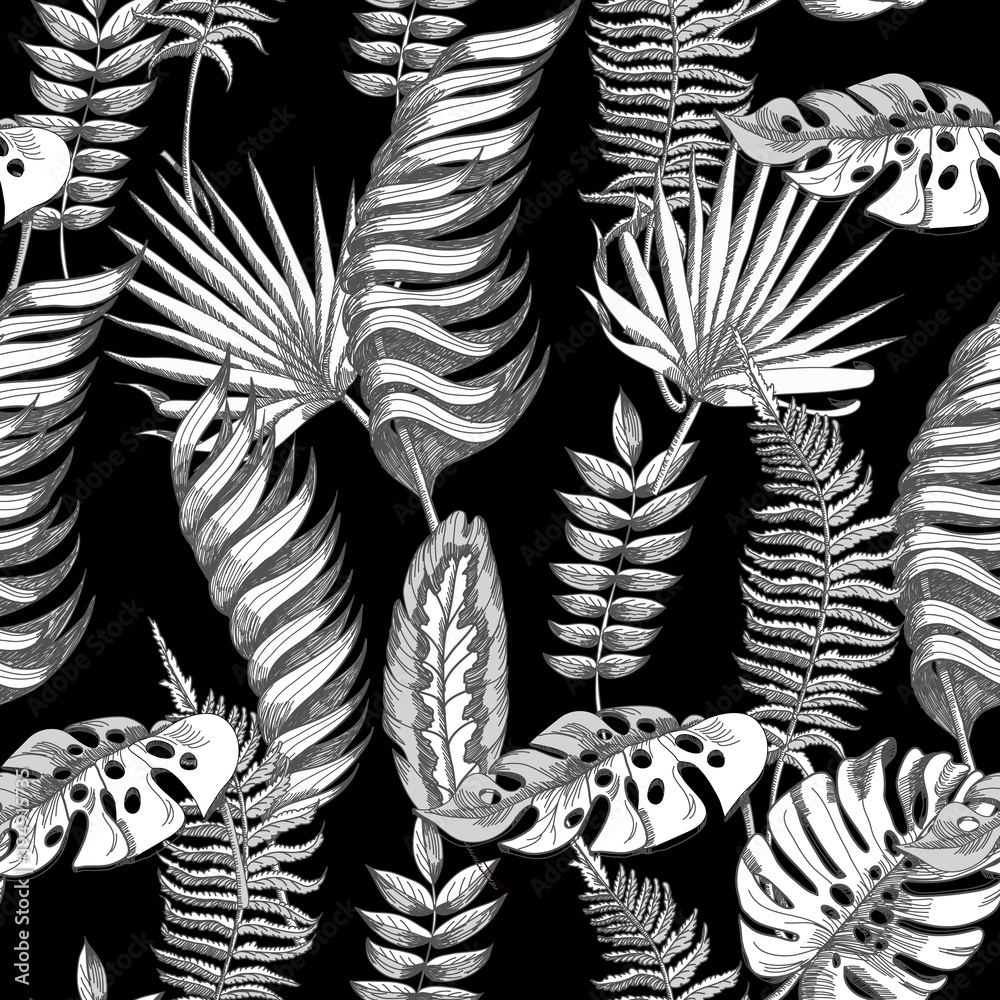 Fototapeta Bezszwowy wektorowy kwiecisty lato wzoru tło z czarny i biały tropikalnymi liśćmi. Używaj do tapet, tła strony internetowej, tekstyliów, tapet.