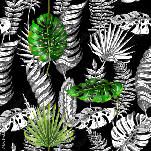 Seamless vector floral summer pattern background with black and white tropical leaves. Use for wallpapers, web page backgrounds,  textile, paperhangings. 