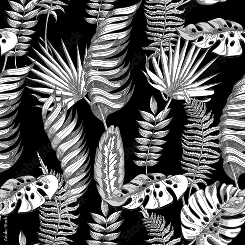 Seamless vector floral summer pattern background with black and white tropical leaves. Use for wallpapers, web page backgrounds,  textile, paperhangings. 