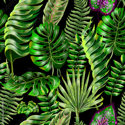 Seamless vector floral summer pattern background with tropical leaves. Use for  wallpapers, web page backgrounds,  textile, paperhangings. 