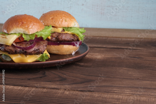 Two tasty a meat burgers on plate.