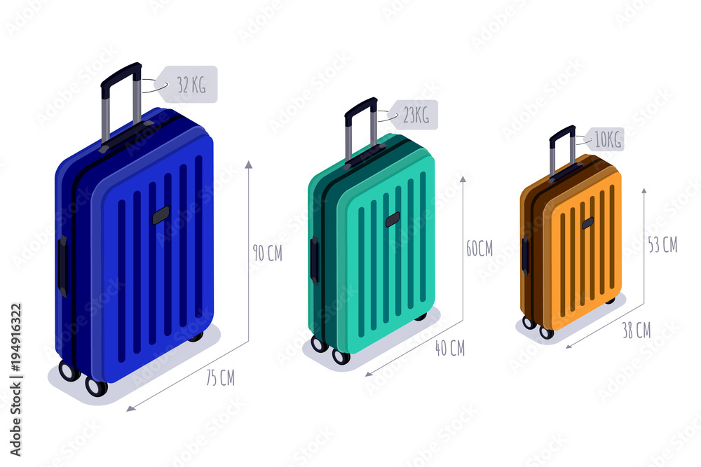 Baggage allowance isolated vector isometric icons. Multicolor luggage,  suitcase, bags with tags. Checked baggage, carry-on and hand luggage for  traveling by aircraft. Travel and tourism concept. Stock-Vektorgrafik |  Adobe Stock