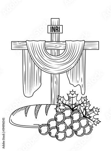 sacred cross communion bread and bunch grapes vector illustration